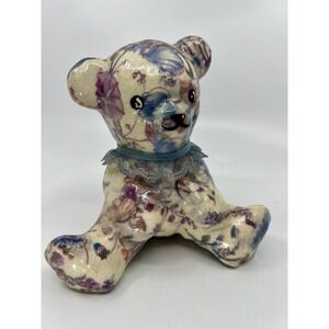 Vintage Decoupage Floral Ceramic Teddy Bear Figurine Flowers & Lace